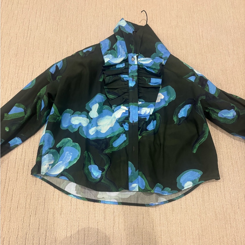 Floral Ruffle Women's Top - Black and Blue